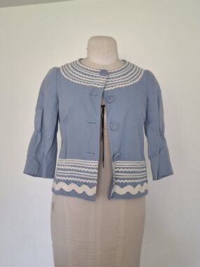 Vintage-Inspired Moschino Light Blue Women's Blazer with Cream Trim